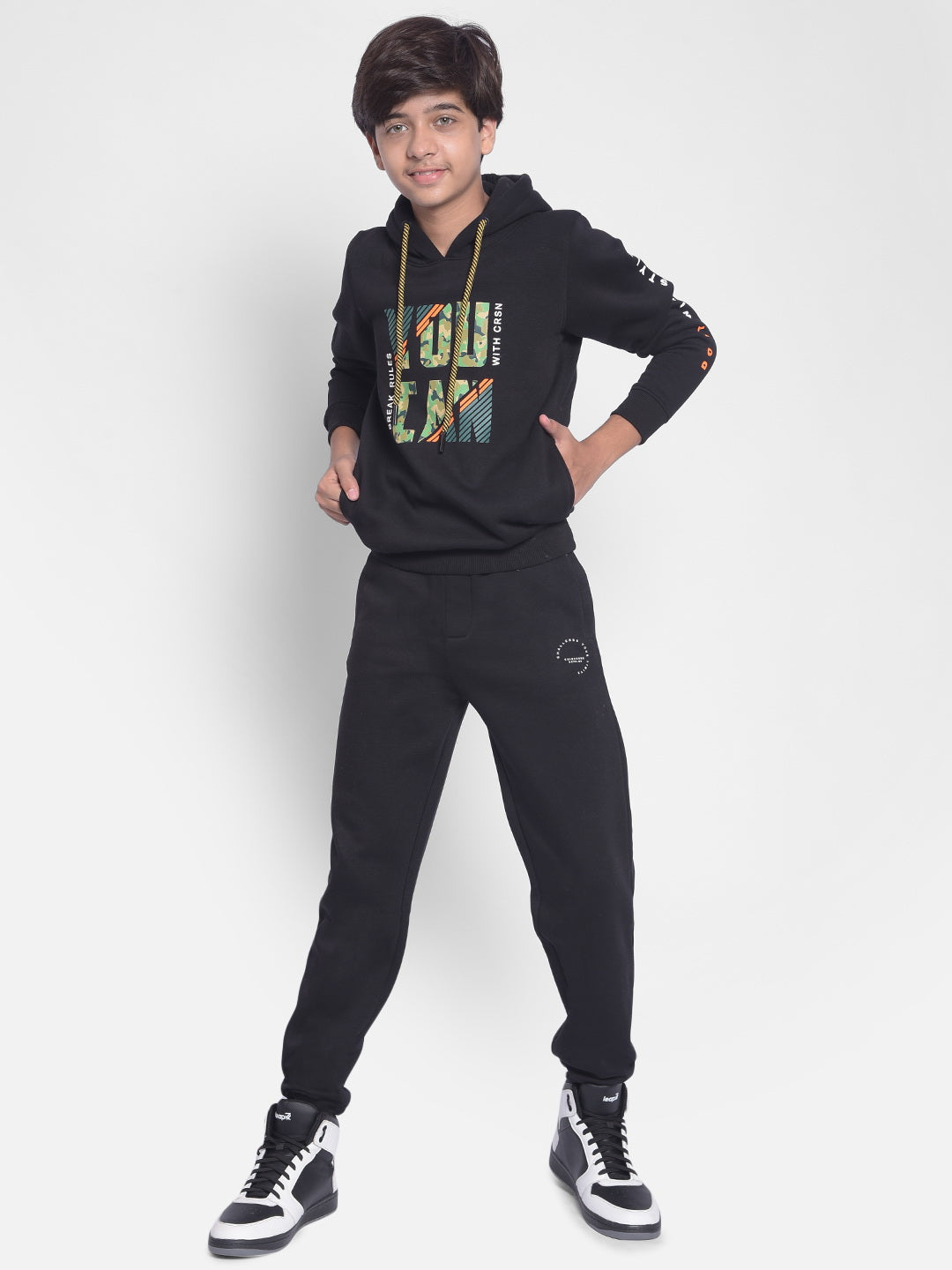 Black Printed Sweatshirt With Hood-Boys Sweatshirt-Crimsoune Club