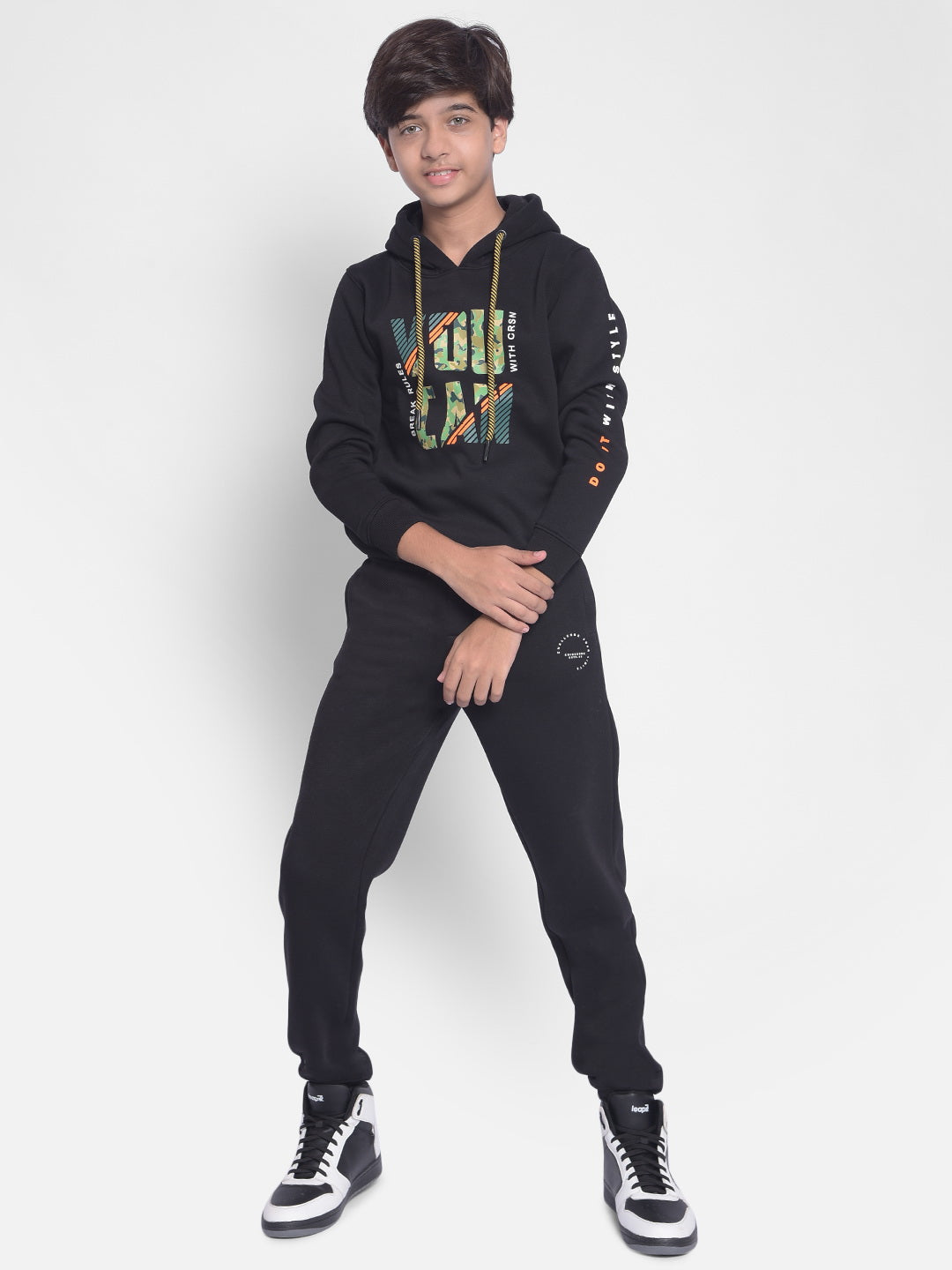 Black Printed Sweatshirt With Hood-Boys Sweatshirt-Crimsoune Club