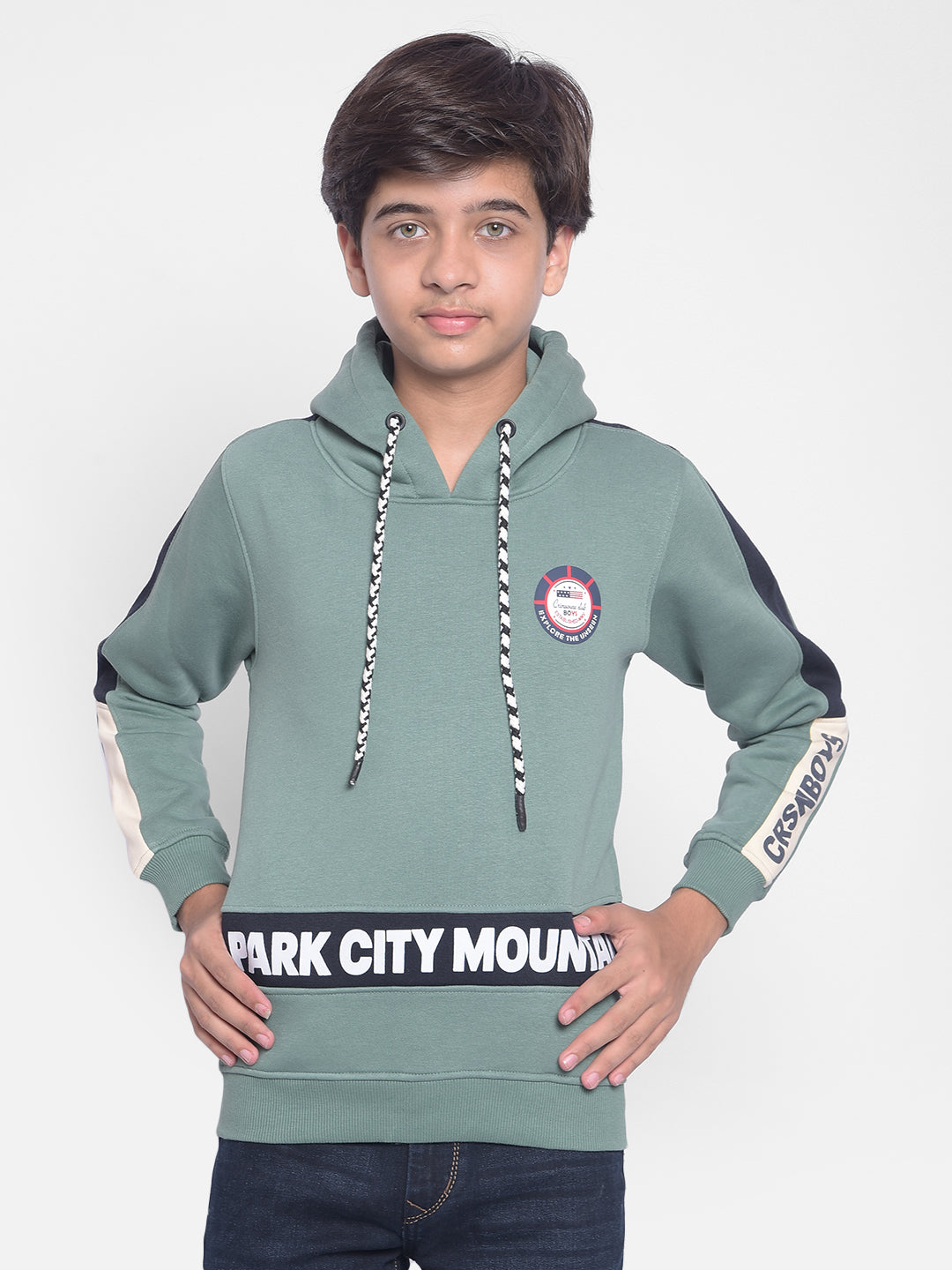 Green Printed Hooded Sweatshirt-Boys Sweatshirts-Crimsoune Club