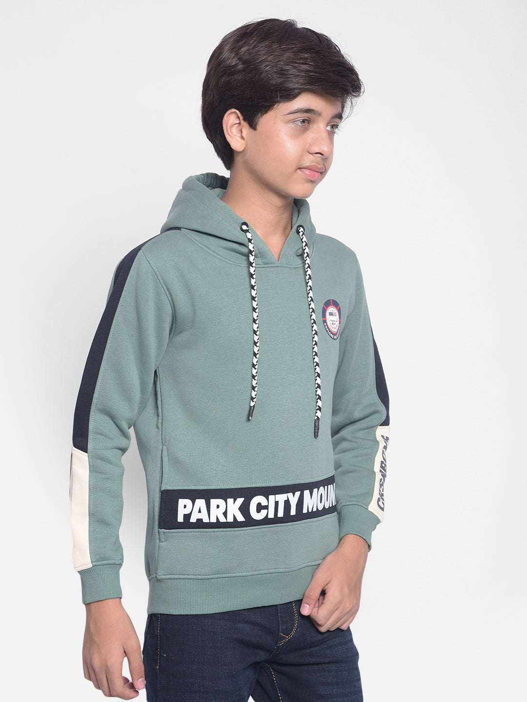 Green Printed Hooded Sweatshirt-Boys Sweatshirts-Crimsoune Club