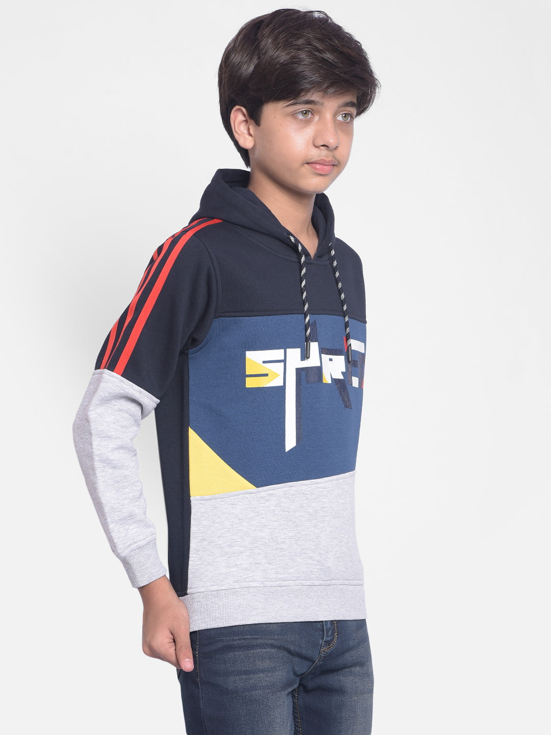 Grey Printed Sweatshirt With Hood-Boys Sweatshirt-Crimsoune Club