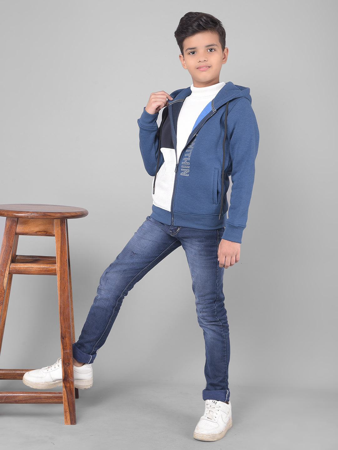 Blue Colourblocked Hooded Sweatshirt-Boys Sweatshirts-Crimsoune Club