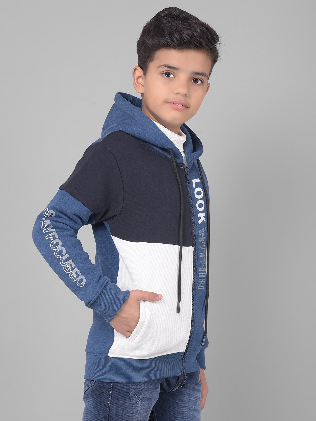 Blue Colourblocked Hooded Sweatshirt-Boys Sweatshirts-Crimsoune Club