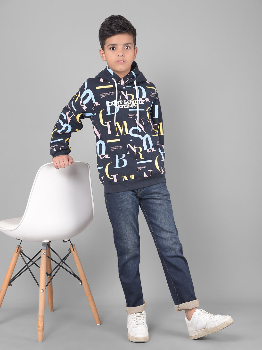 Navy Blue Printed Hooded Sweatshirt-Boys Sweatshirts-Crimsoune Club