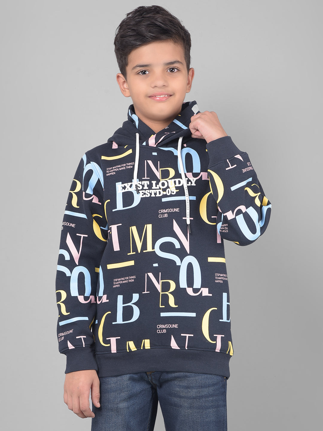 Navy Blue Printed Hooded Sweatshirt-Boys Sweatshirts-Crimsoune Club