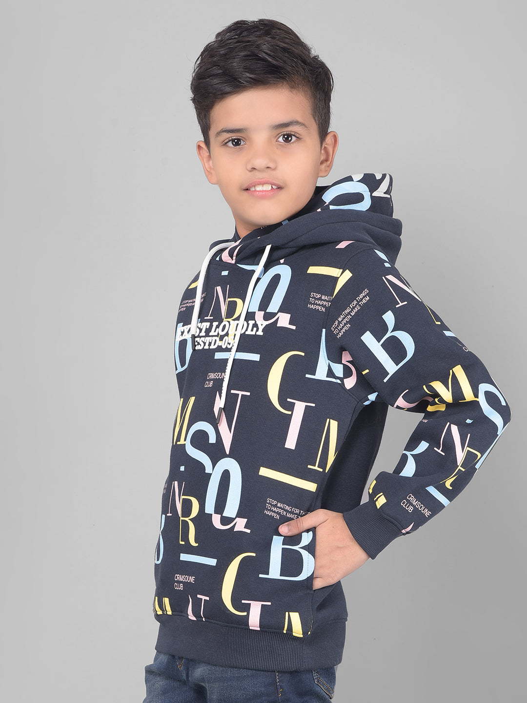 Navy Blue Printed Hooded Sweatshirt-Boys Sweatshirts-Crimsoune Club