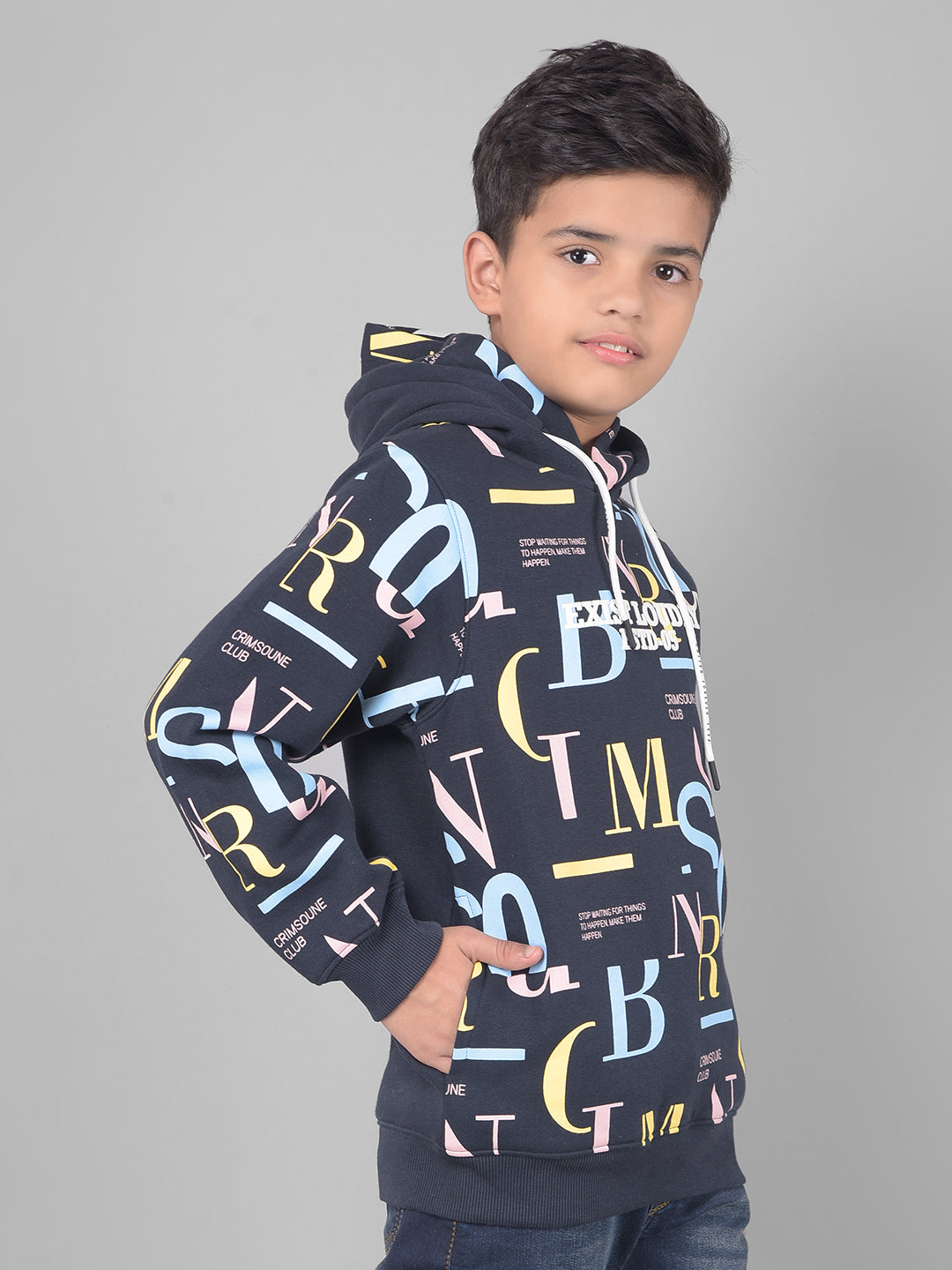 Navy Blue Printed Hooded Sweatshirt-Boys Sweatshirts-Crimsoune Club