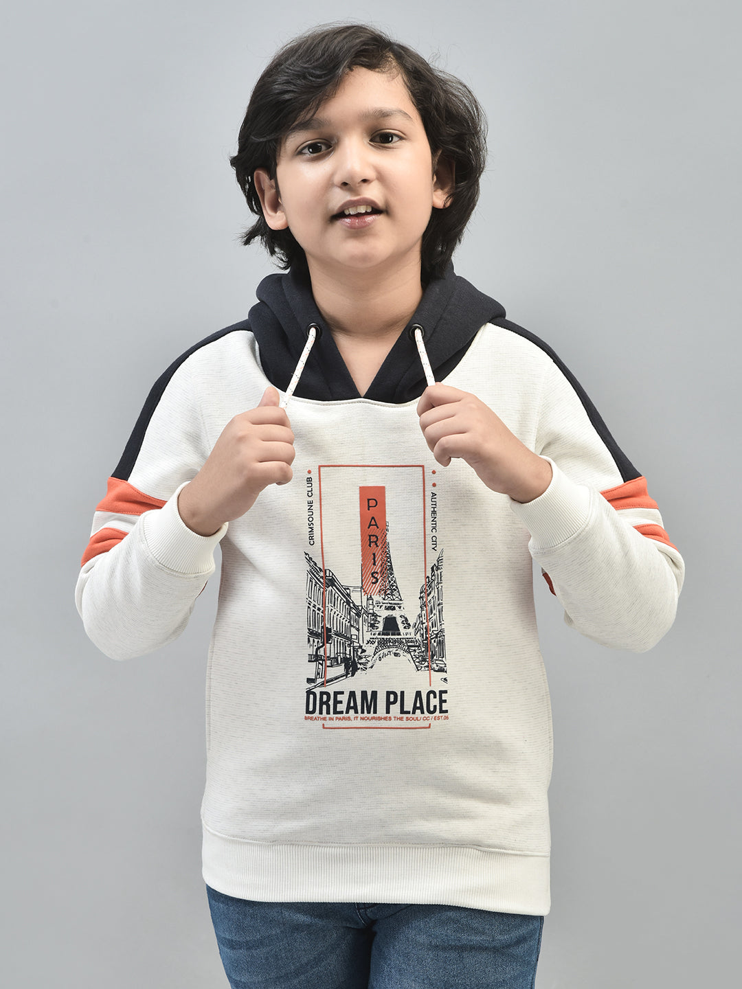 White Printed Sweatshirt With Hood-Boys Sweatshirts-Crimsoune Club