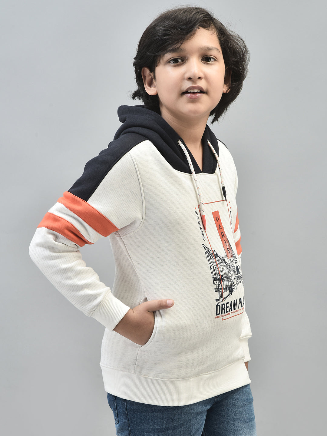 White Printed Sweatshirt With Hood-Boys Sweatshirts-Crimsoune Club