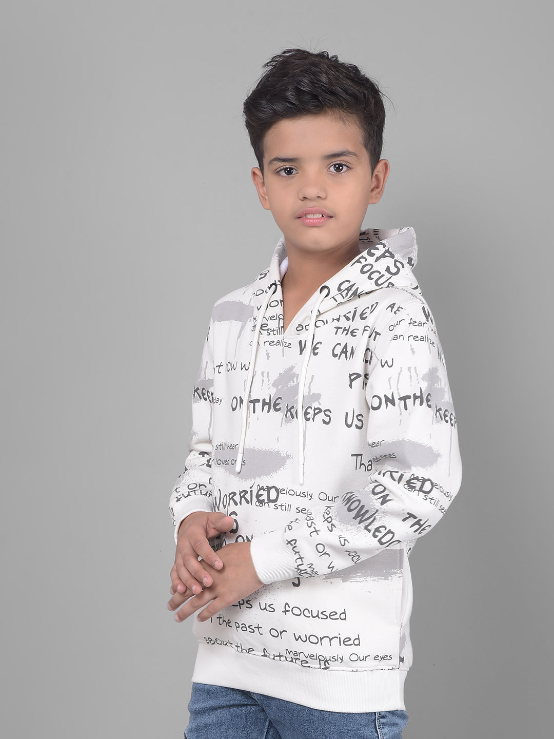 White Printed Sweatshirt With Hood-Boys Sweatshirts-Crimsoune Club