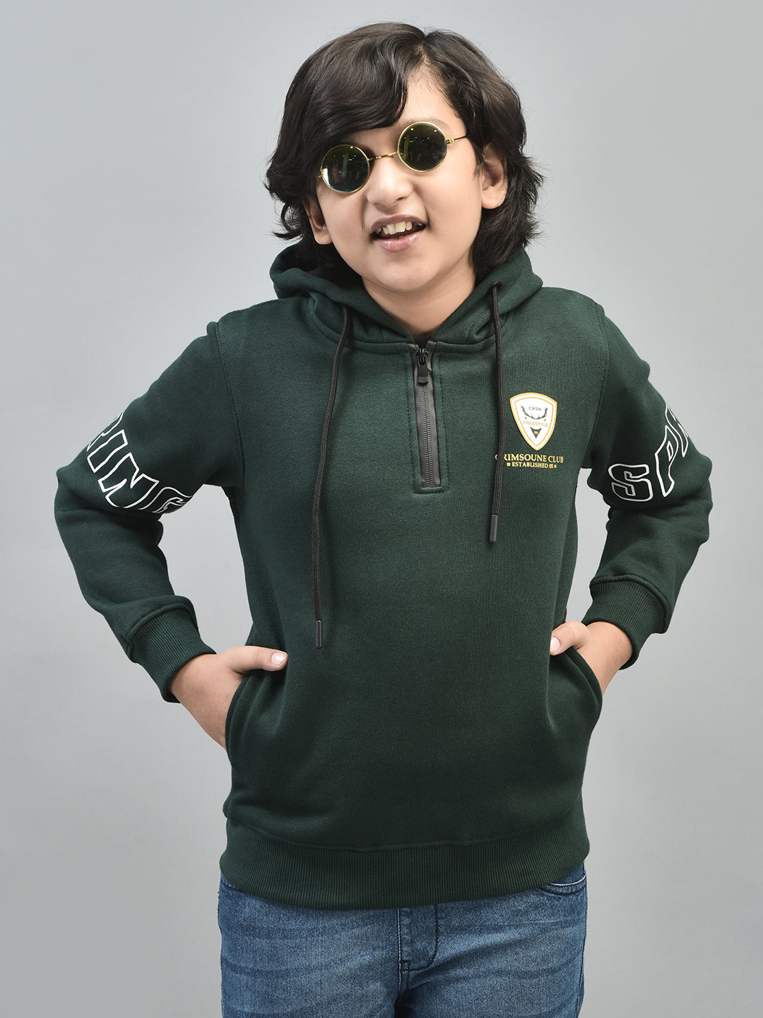 Green Printed Sweatshirt With Hood-Boys Sweatshirts-Crimsoune Club