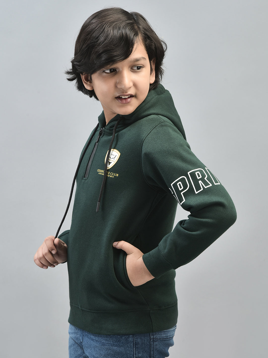 Green Printed Sweatshirt With Hood-Boys Sweatshirts-Crimsoune Club