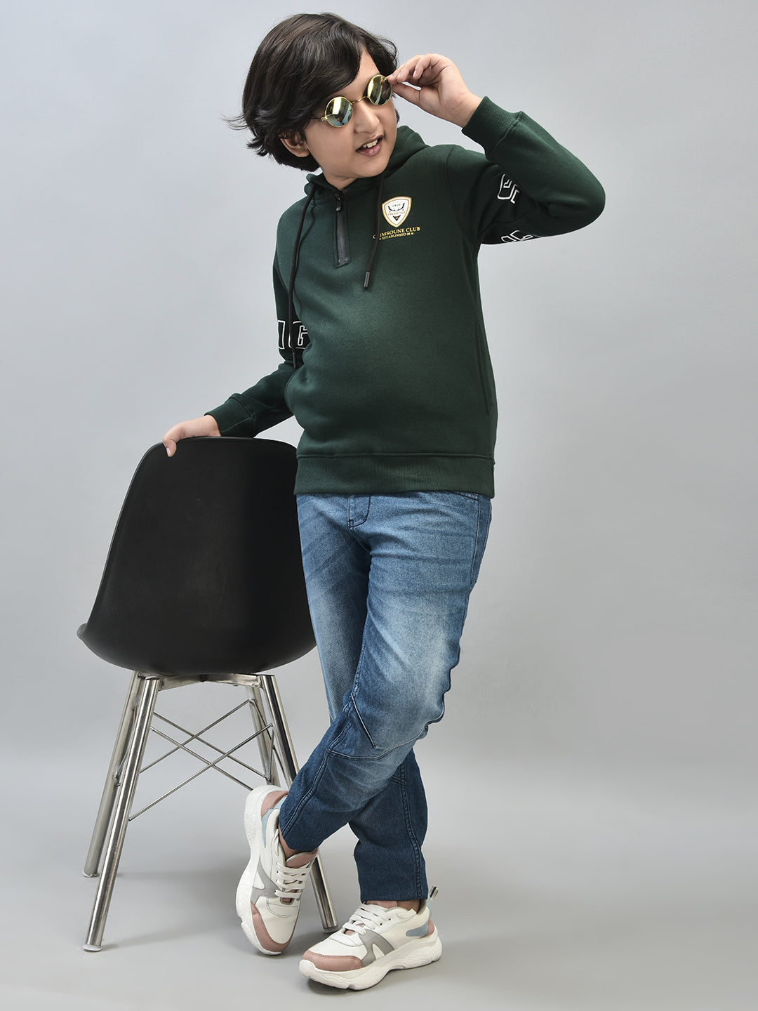 Green Printed Sweatshirt With Hood-Boys Sweatshirts-Crimsoune Club