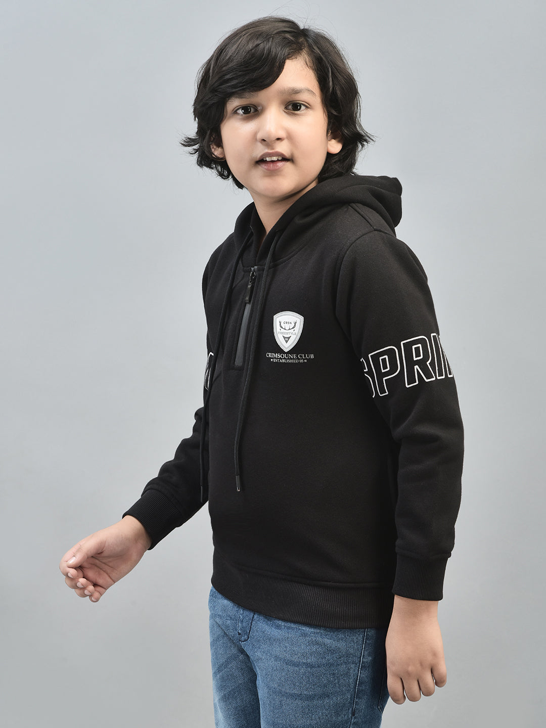 Black Printed Sweatshirt With Hood-Boys Sweatshirts-Crimsoune Club