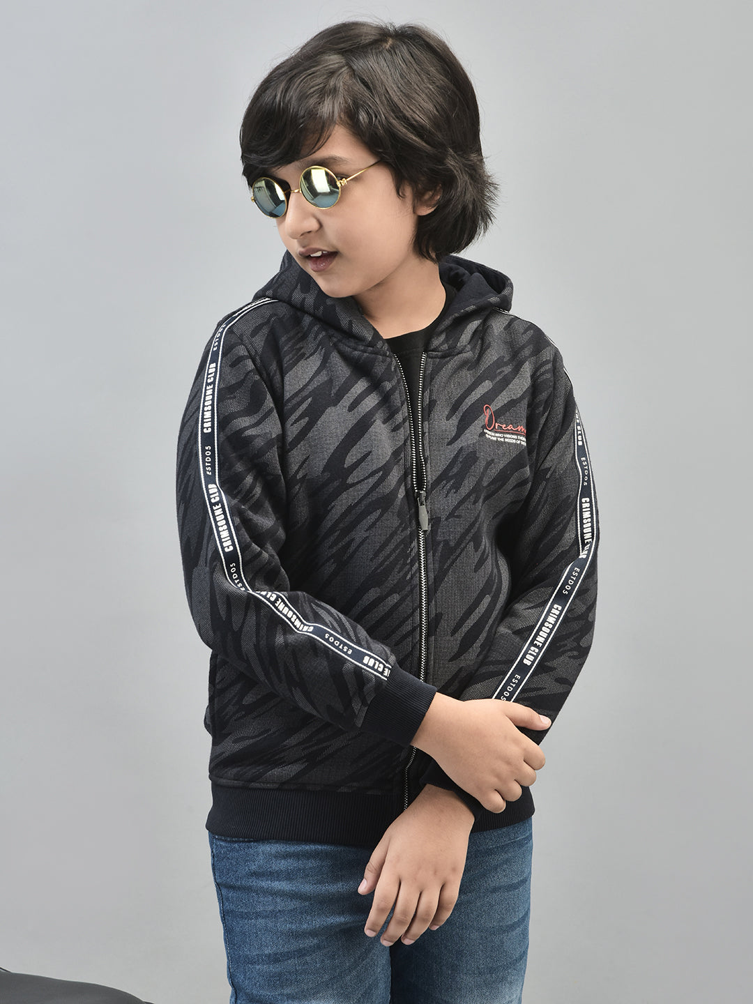 Navy Blue Printed Sweatshirt With Hood-Boys Sweatshirts-Crimsoune Club