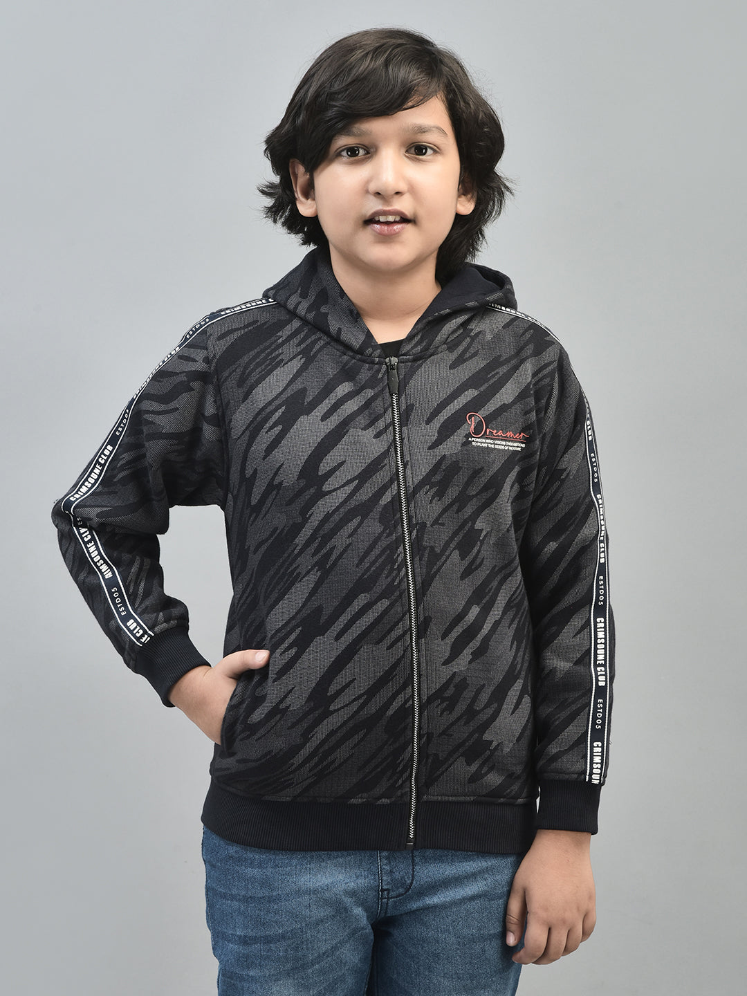 Navy Blue Printed Sweatshirt With Hood-Boys Sweatshirts-Crimsoune Club