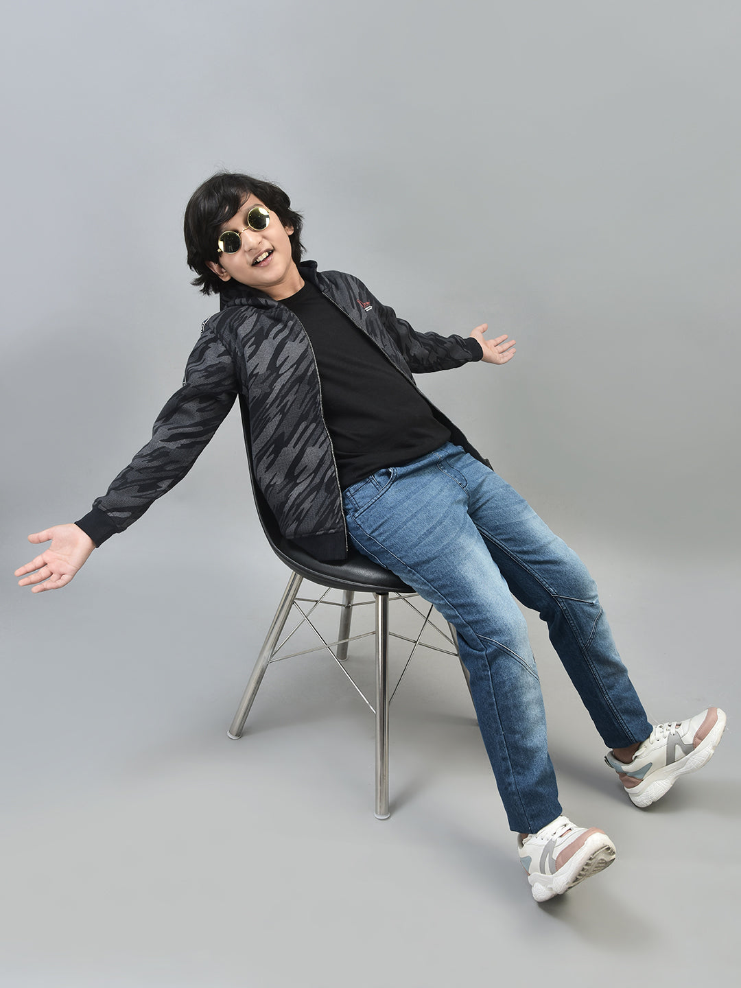 Navy Blue Printed Sweatshirt With Hood-Boys Sweatshirts-Crimsoune Club