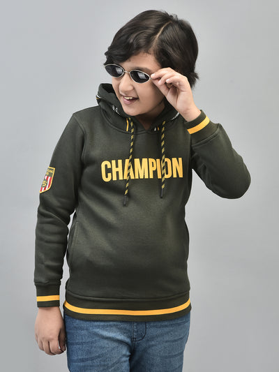 Olive Printed Sweatshirt With Hood-Boys Sweatshirts-Crimsoune Club