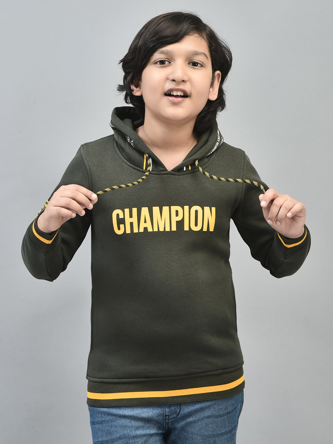 Olive Printed Sweatshirt With Hood-Boys Sweatshirts-Crimsoune Club
