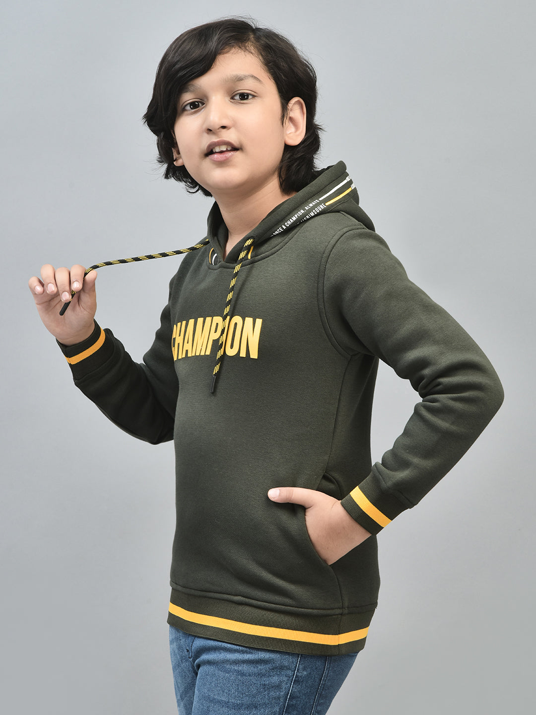 Olive Printed Sweatshirt With Hood-Boys Sweatshirts-Crimsoune Club