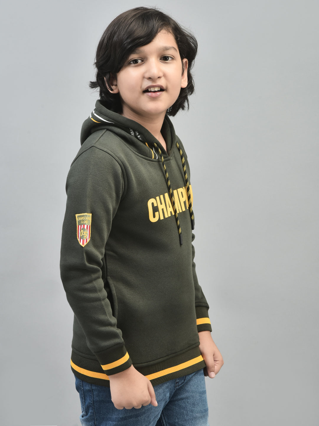 Olive Printed Sweatshirt With Hood-Boys Sweatshirts-Crimsoune Club