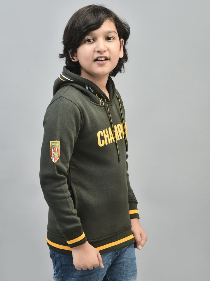 Olive Printed Sweatshirt With Hood-Boys Sweatshirts-Crimsoune Club