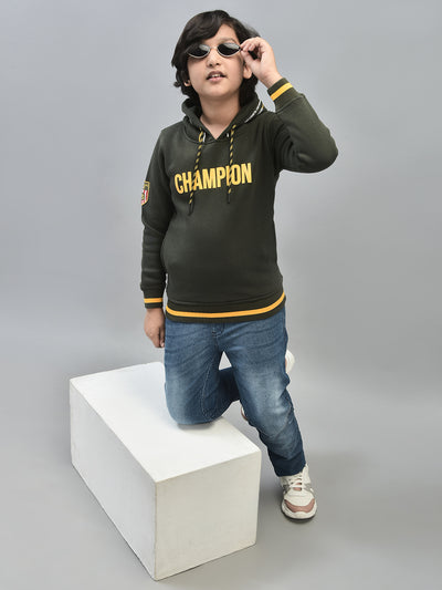 Olive Printed Sweatshirt With Hood-Boys Sweatshirts-Crimsoune Club