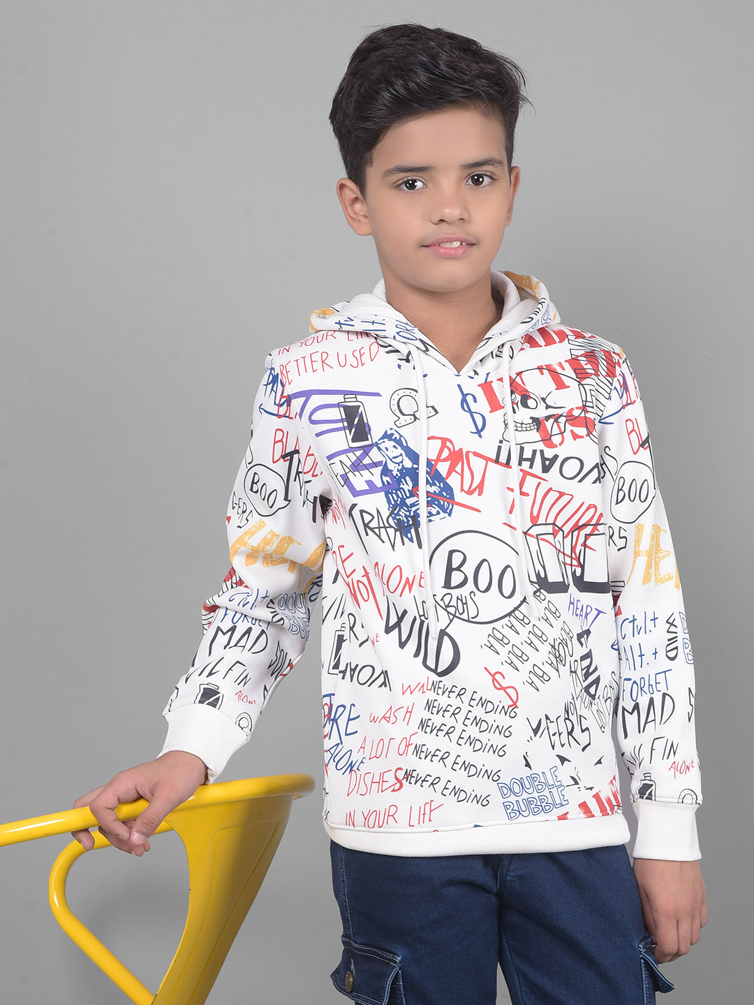 White Printed Sweatshirt With Hood-Boys Sweatshirts-Crimsoune Club
