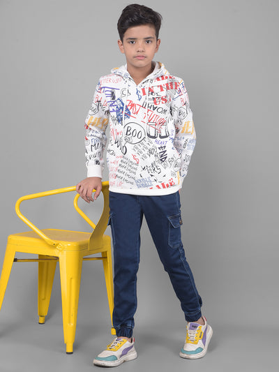 White Printed Sweatshirt With Hood-Boys Sweatshirts-Crimsoune Club