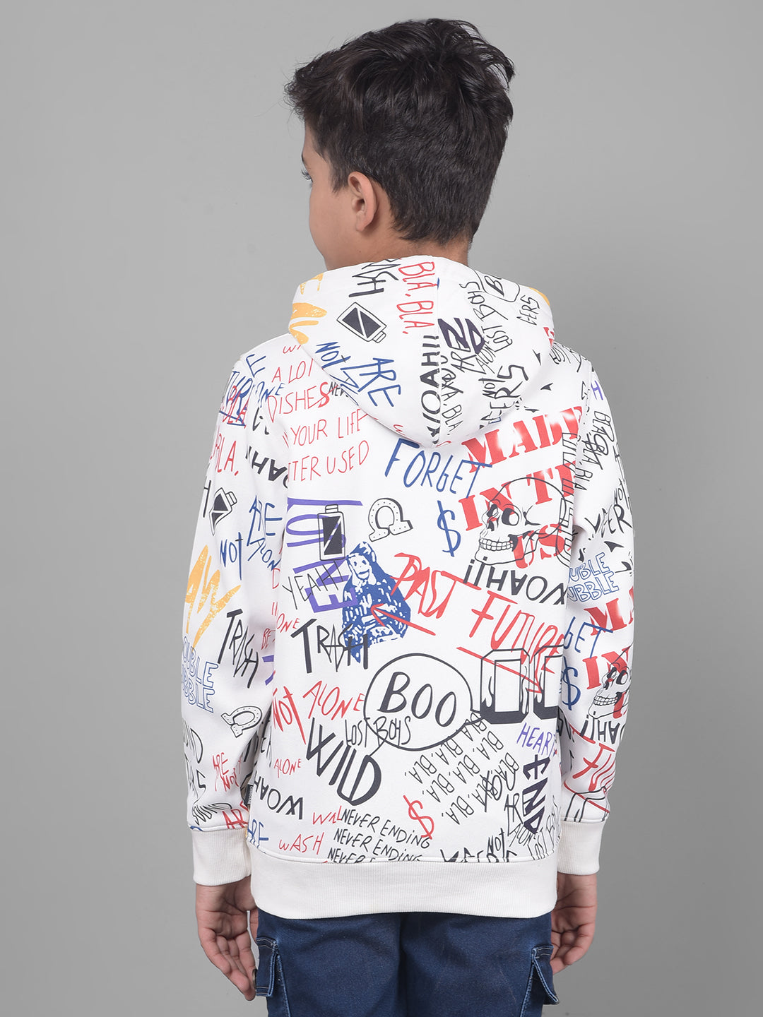 White Printed Sweatshirt With Hood-Boys Sweatshirts-Crimsoune Club