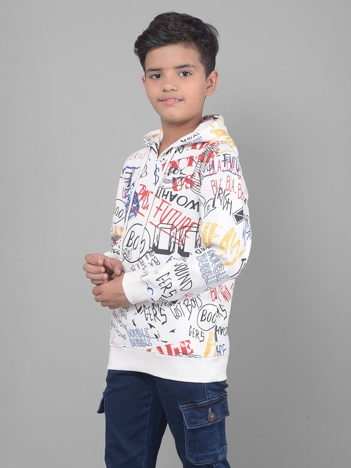 White Printed Sweatshirt With Hood-Boys Sweatshirts-Crimsoune Club