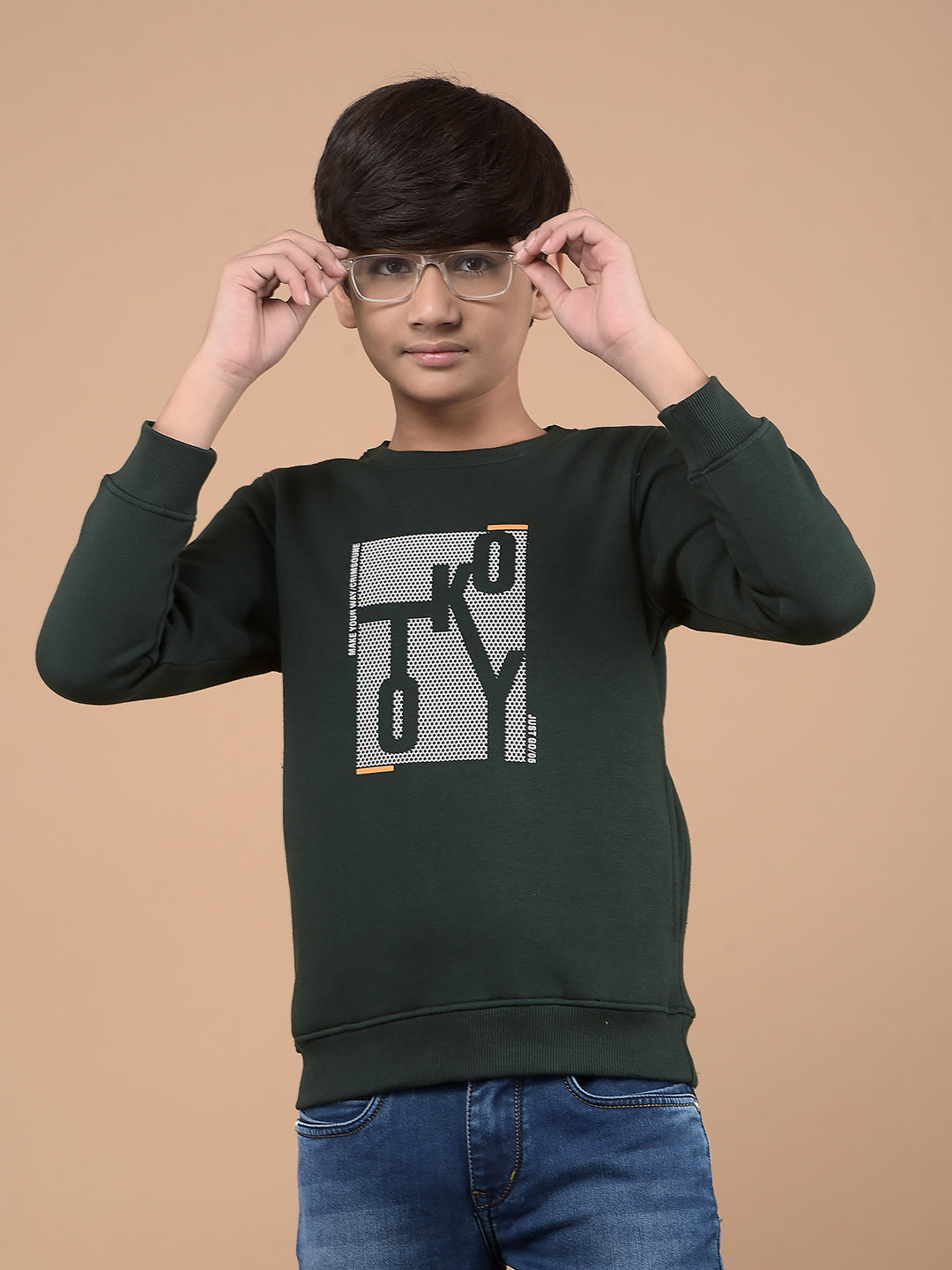 Green Typographic Print Sweatshirt-Boys Sweatshirts-Crimsoune Club