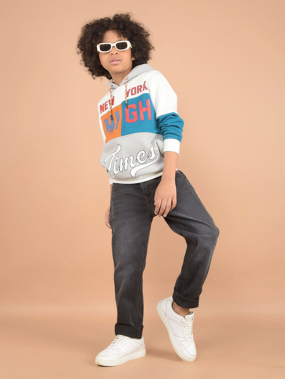 White Color-Block Hooded Neck Sweatshirt-Boys Sweatshirts-Crimsoune Club