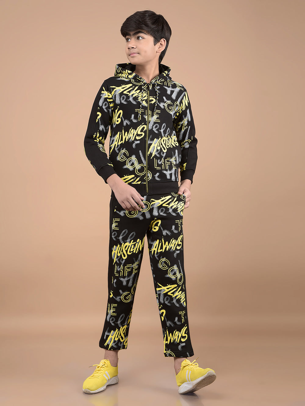 Black Typographic Print Hooded Neck Co-Ord Sets-Boys Co-Ord Sets-Crimsoune Club