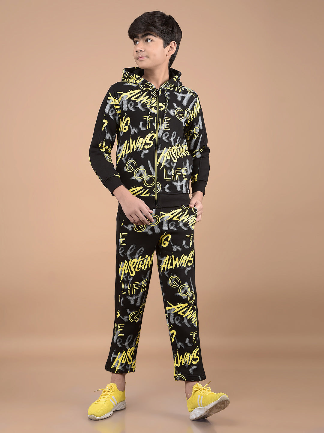 Black Typographic Print Hooded Neck Co-Ord Sets-Boys Co-Ord Sets-Crimsoune Club