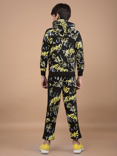 Black Typographic Print Hooded Neck Co-Ord Sets-Boys Co-Ord Sets-Crimsoune Club
