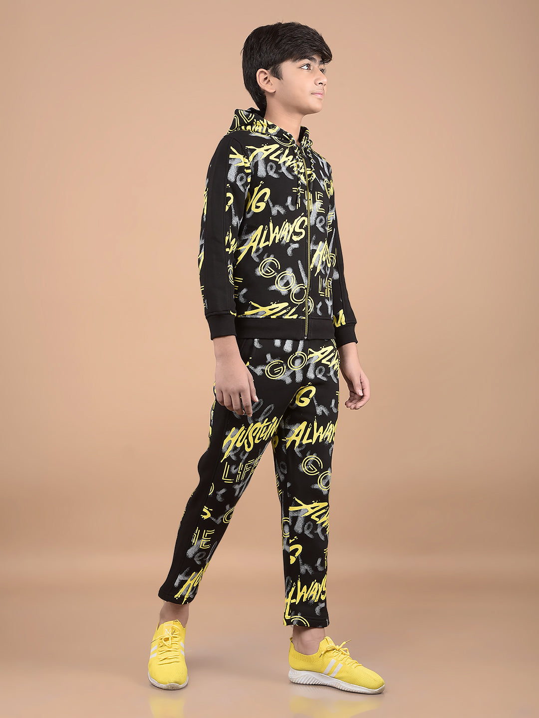 Black Typographic Print Hooded Neck Co-Ord Sets-Boys Co-Ord Sets-Crimsoune Club