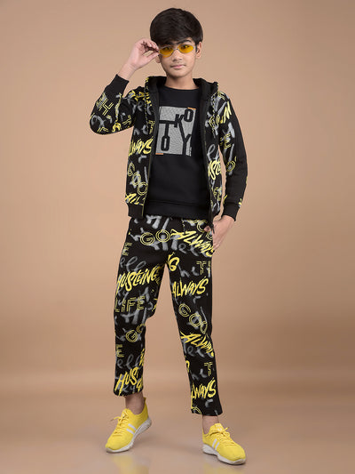 Black Typographic Print Hooded Neck Co-Ord Sets-Boys Co-Ord Sets-Crimsoune Club