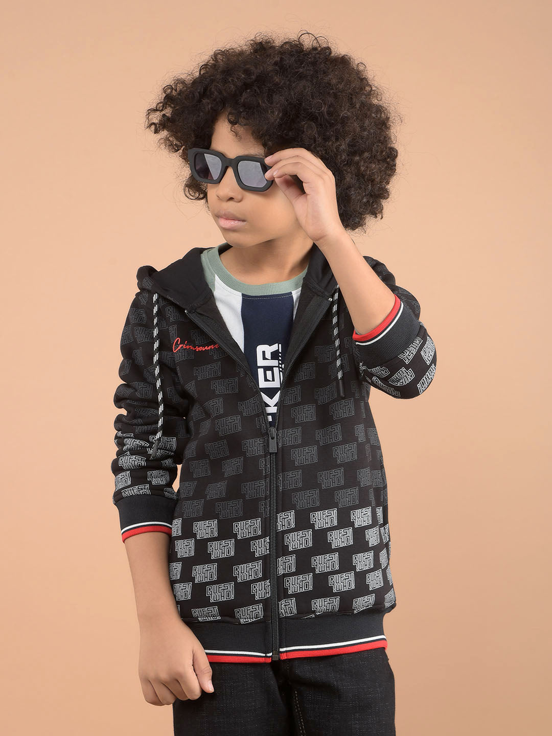 Black Printed Hooded Neck Sweatshirt-Boys Sweatshirts-Crimsoune Club