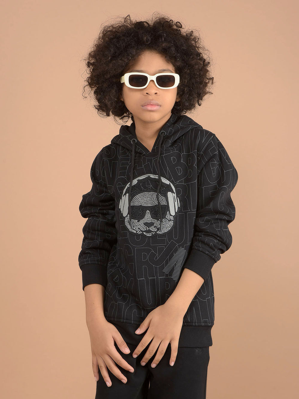 Black Graphic Print Hooded Neck Sweatshirt-Boys Sweatshirts-Crimsoune Club