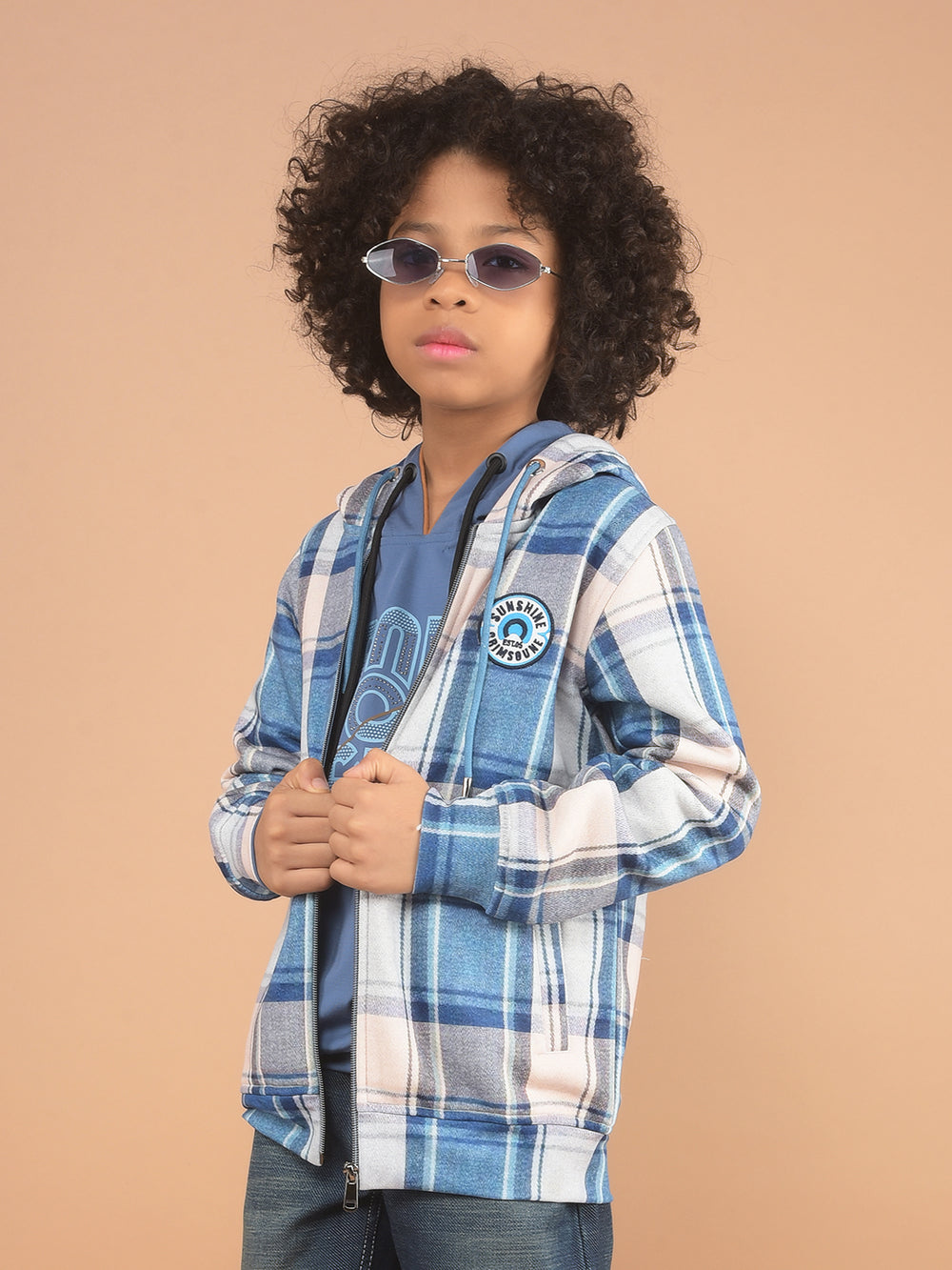 Blue Checked Hooded Sweatshirt-Boy Sweatshirts-Crimsoune Club