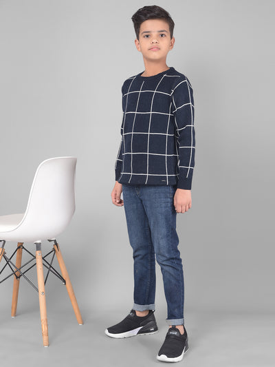 Navy Blue Checked Sweater-Boys Sweaters-Crimsoune Club