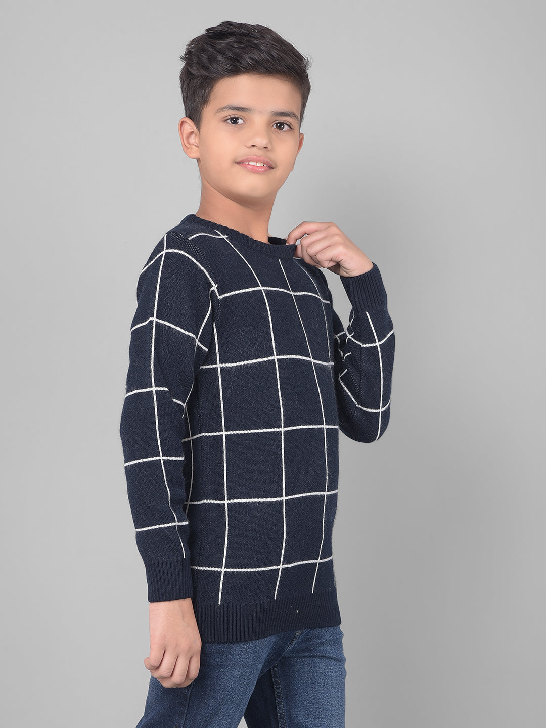 Navy Blue Checked Sweater-Boys Sweaters-Crimsoune Club