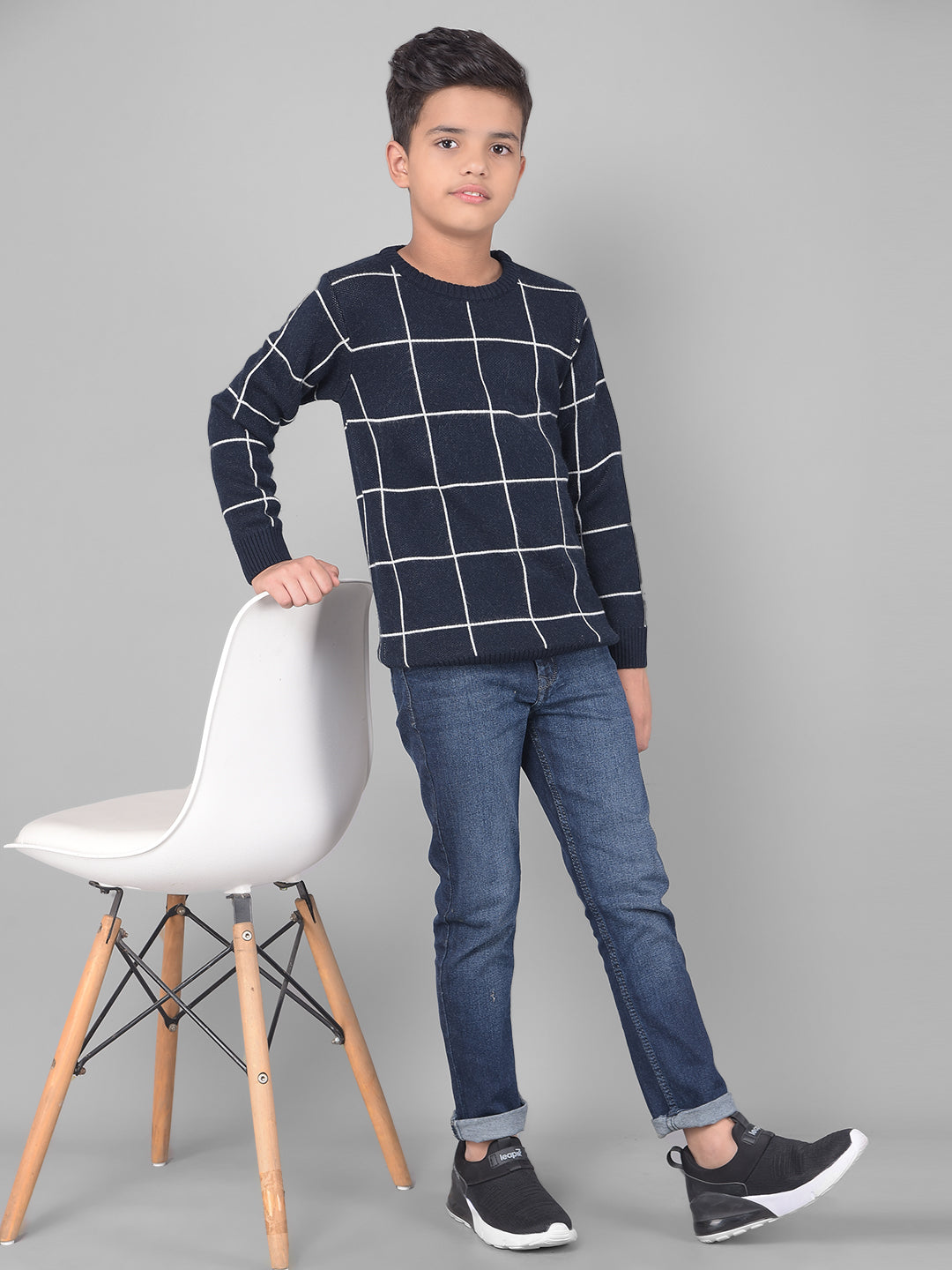 Navy Blue Checked Sweater-Boys Sweaters-Crimsoune Club