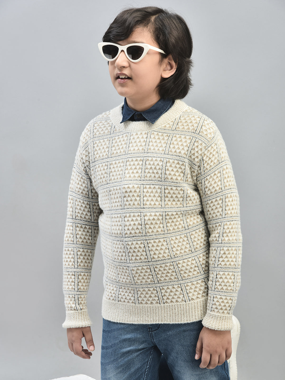 Beige Printed Sweater-Boys Sweaters-Crimsoune Club
