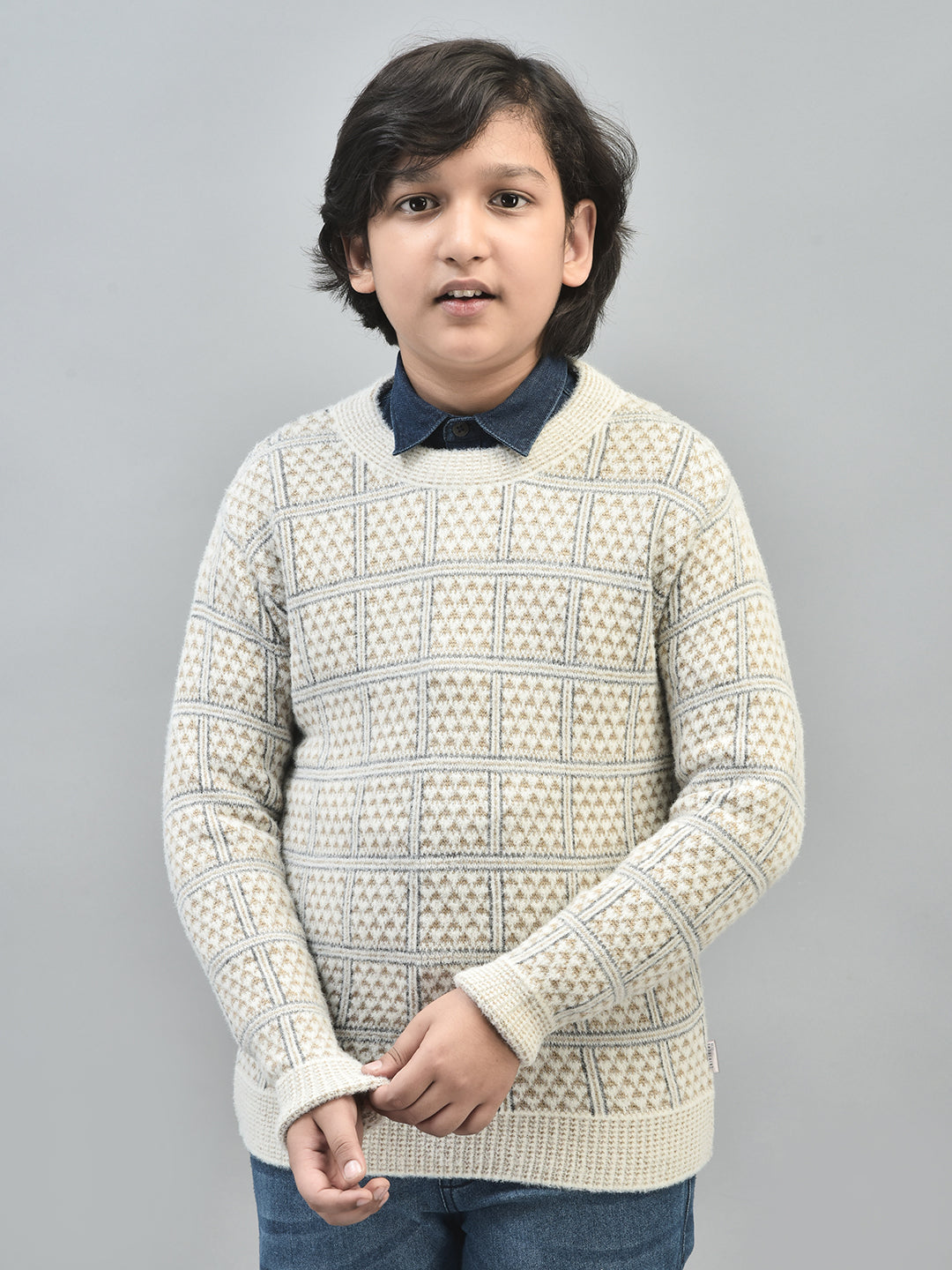 Beige Printed Sweater-Boys Sweaters-Crimsoune Club