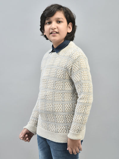 Beige Printed Sweater-Boys Sweaters-Crimsoune Club