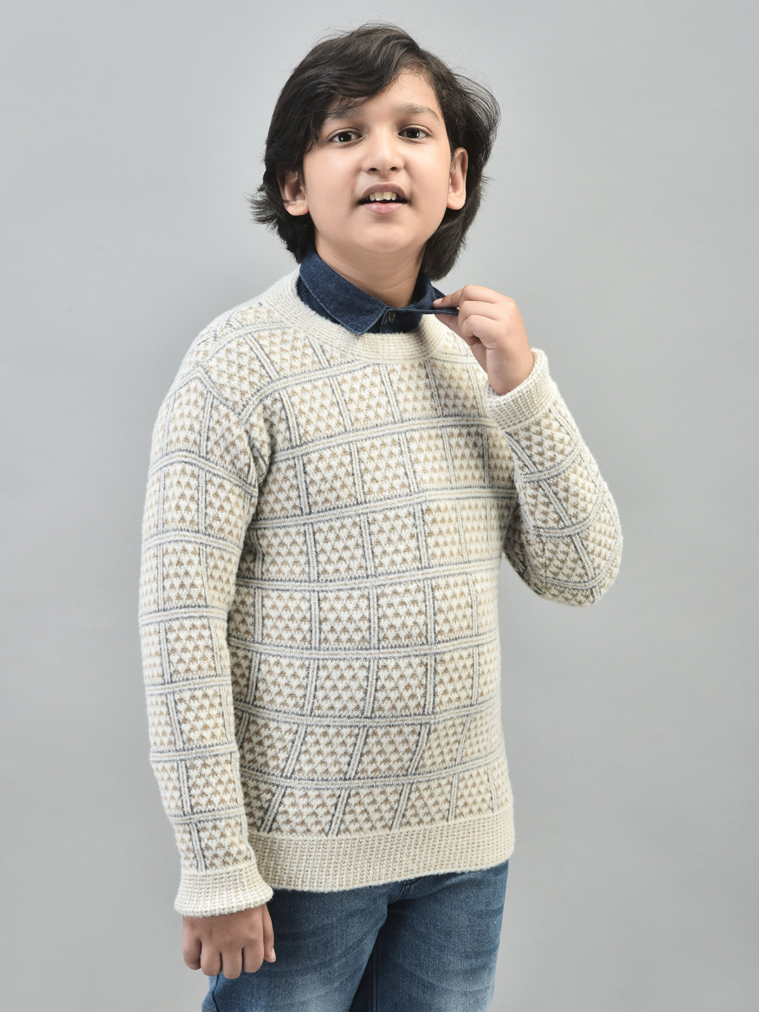 Beige Printed Sweater-Boys Sweaters-Crimsoune Club