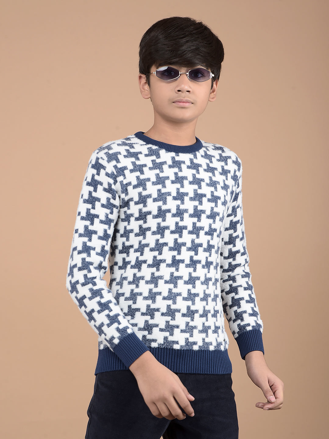 Navy Blue Jacquard Sweater-Boys Sweaters-Crimsoune Club