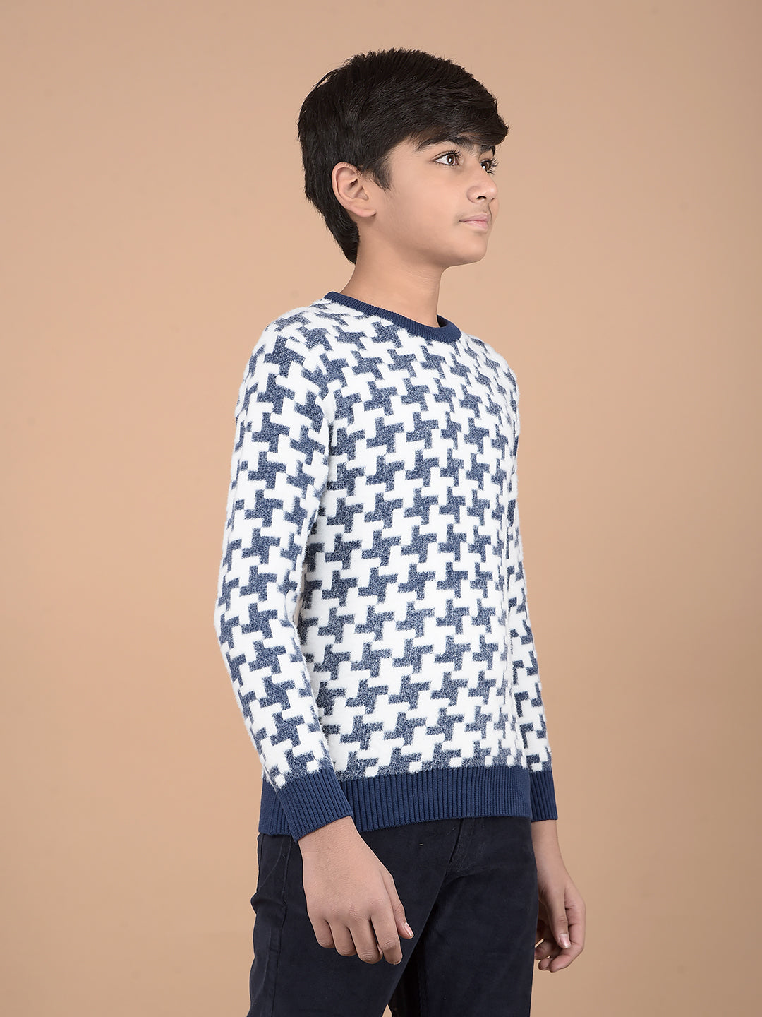 Navy Blue Jacquard Sweater-Boys Sweaters-Crimsoune Club